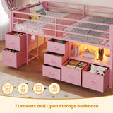 ADORNEVE Low Loft Bed Twin Size with 7 Storage Drawers, Bookcase and LED Lights, Metal Kids Loft Bed with 14" H Safety Guardrail,Inclined Ladder and Play Curtain, Under-Bed Play Space,Pink ADORNEVE