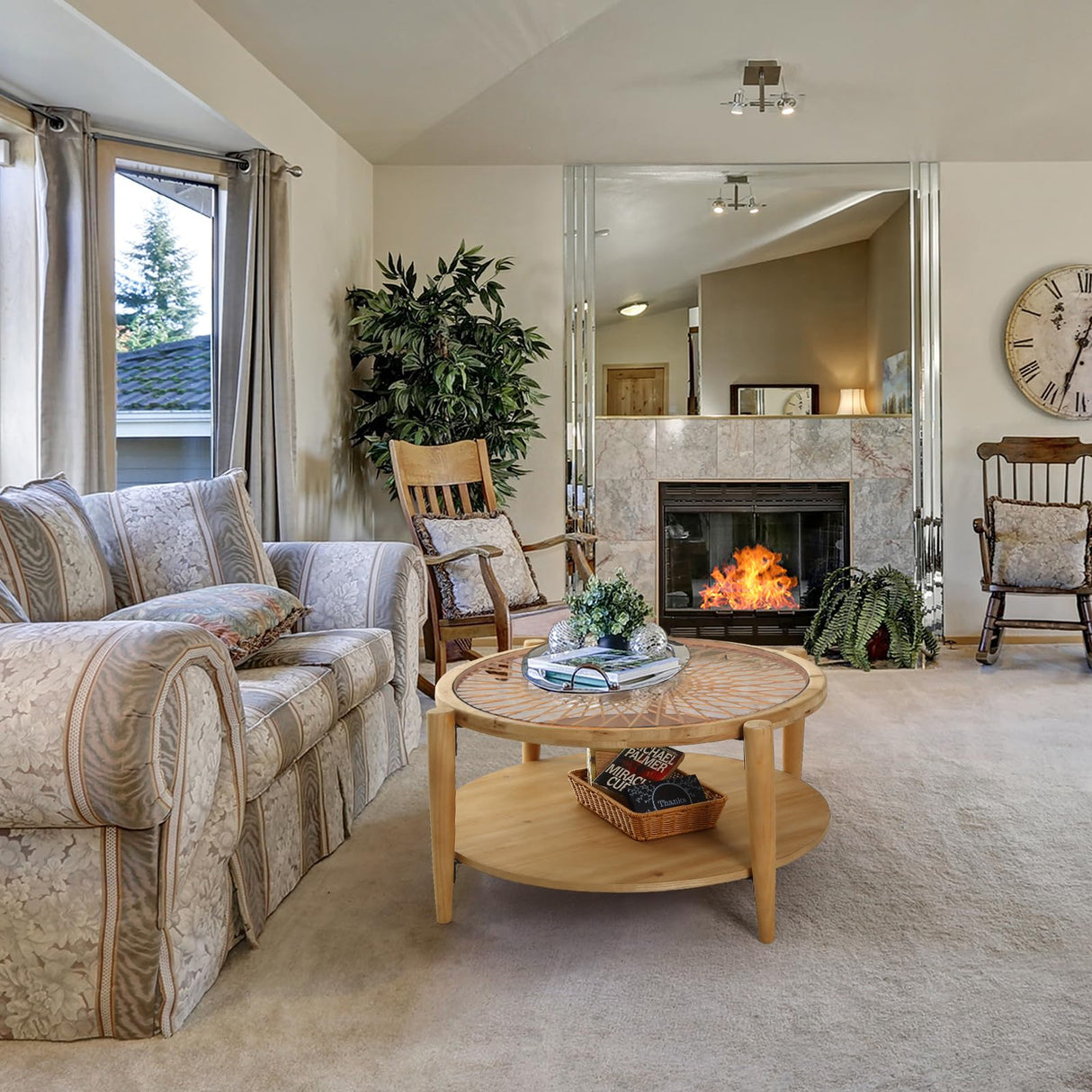 RUSTOWN Rattan Round Coffee Tables, 2-Tier Sofa Table with Rattan & Tempered Glass Top and Wood Legs, Accent Side Coffee Table for Living Room(Natural) RUSTOWN