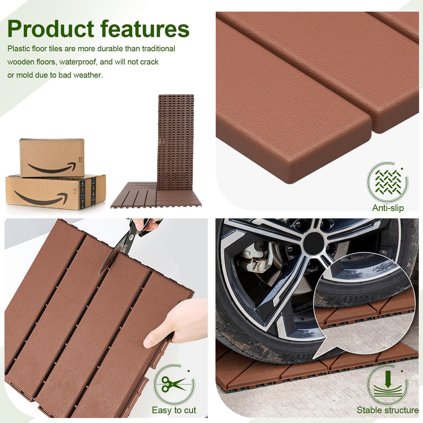 ROCKINGRUN 44 PCS Plastic Interlocking Deck Tiles-12 x12 Waterproof Outdoor Floor All Weather Use,Patio Floor Decking Tiles for Porch Poolside Balcony Backyard,Stripe Pattern,Brown