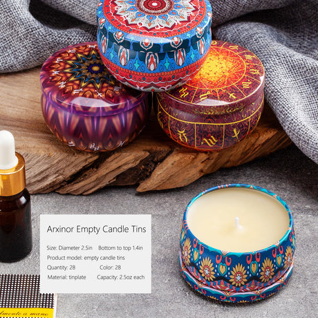 Arxinor Empty 2.5 oz Candle Tins Candle Jars 28 Pcs 28 Patterns, Candle Making Kits, with Wicks, Wick Holders & Stickers Arxinor