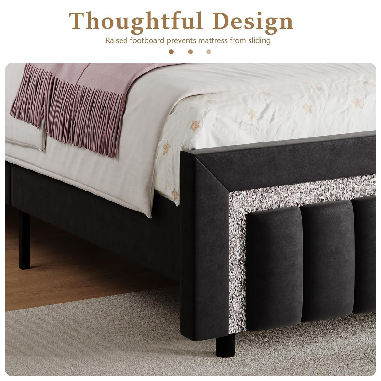 HOMBCK King Size Bed Frame, Black King Size Bed Frame with Diamond Headboard and Footboard, Velvet Upholstered Bed Frame with Vertical Channel Design, No Box Spring Needed, Easy Assembly, Black HOMBCK