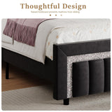 HOMBCK King Size Bed Frame, Black King Size Bed Frame with Diamond Headboard and Footboard, Velvet Upholstered Bed Frame with Vertical Channel Design, No Box Spring Needed, Easy Assembly, Black HOMBCK