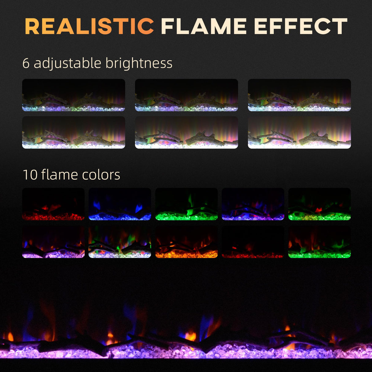 HOMCOM 40" Electric Fireplace Recessed and Wall Mounted with Remote Control, 1500W Fireplace Heater with 8H Timer, Adjustable Flame Color and Brightness, Log and Crystal HOMCOM