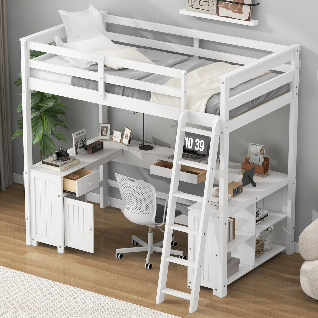 Merax Full Size Loft Bed with Desk and Storage, Full Loft Bed Frame with Drawers Shelves and Cabinet, Teens Kids Wooden Loft Bed Full with Storage for Apartment, No Box Spring Needed, White Merax