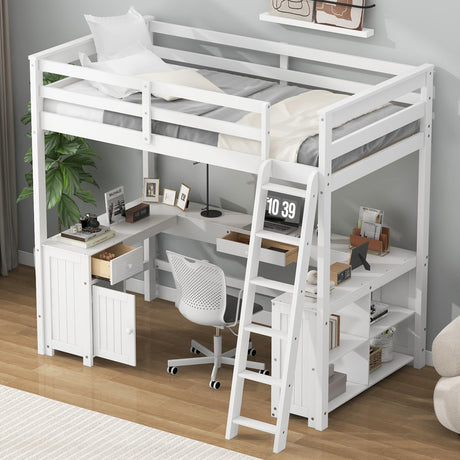 Harper & Bright Designs Full Size Loft Bed with U-Shaped Desk, Wood Full Loft Bed Frame with Cabinet, Drawers and Storage Shelves, High Loft Bed Frame Full, White Harper & Bright Designs