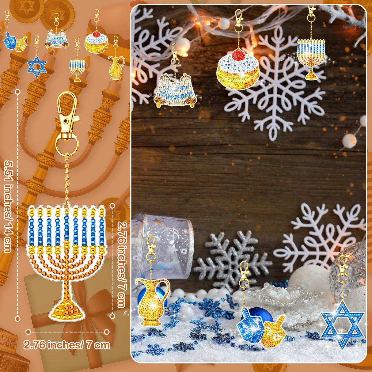 DEEKIN 30 Pcs Hanukkah Diamond Painting Keychains Hanukkah Crafts Ornaments Keychains Double Sided 5D Star Menorah Diamond Key Rings for Hanukkah DIY Birthday Party Supplies Favors Deekin