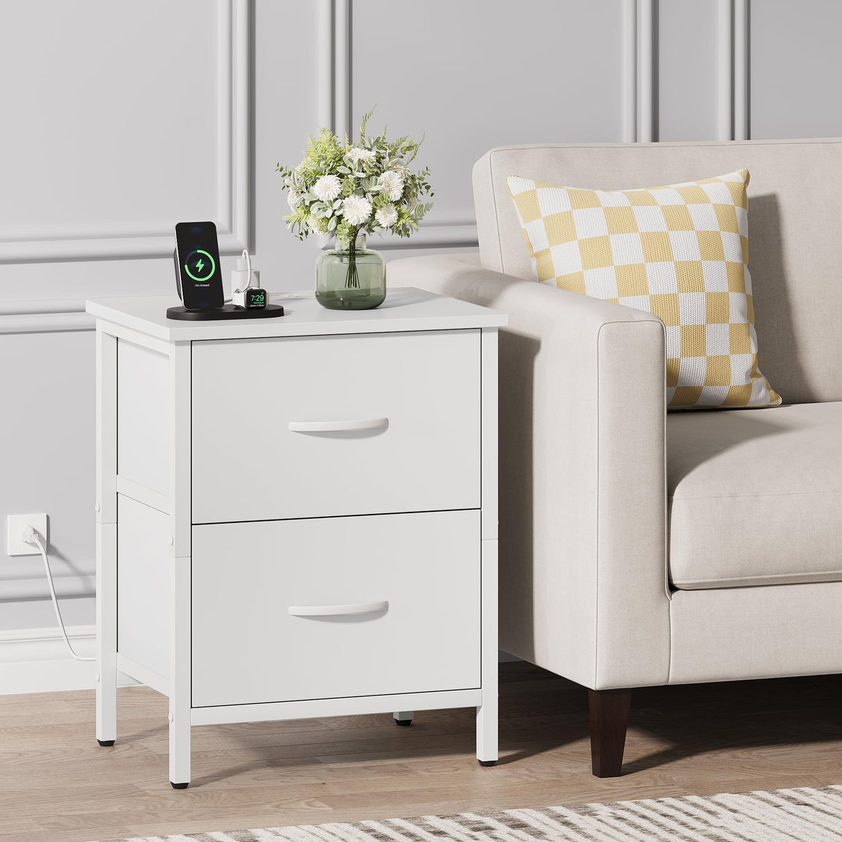 Vagusicc Nightstand Set of 2 with Charging Station, End Table Bedside Table with Power Outlet & USB Ports, Side Table with 2 Fabric Drawers for Bedroom, Living Room, White Vagusicc