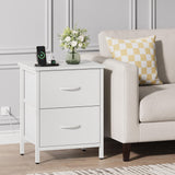 Vagusicc Nightstand Set of 2 with Charging Station, End Table Bedside Table with Power Outlet & USB Ports, Side Table with 2 Fabric Drawers for Bedroom, Living Room, White Vagusicc