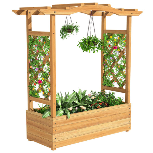 YITAHOME Raised Garden Bed with Trellis and Hanging Roof, 43.3" L x 13.9" W x 44.4" H Wood Free-Standing Trellis Planter Box for Climbing Plants Flowers in Garden, Patio, Backyard, Balcony, Natural