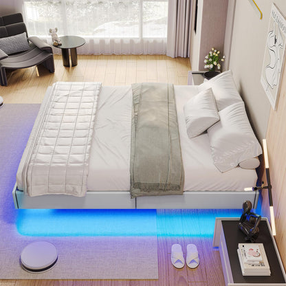 Hasuit Floating Queen Bed Frame with LED Lights - Modern White Platform Bed, No Box Spring Needed, Easy Assembly - WoodArtSupply