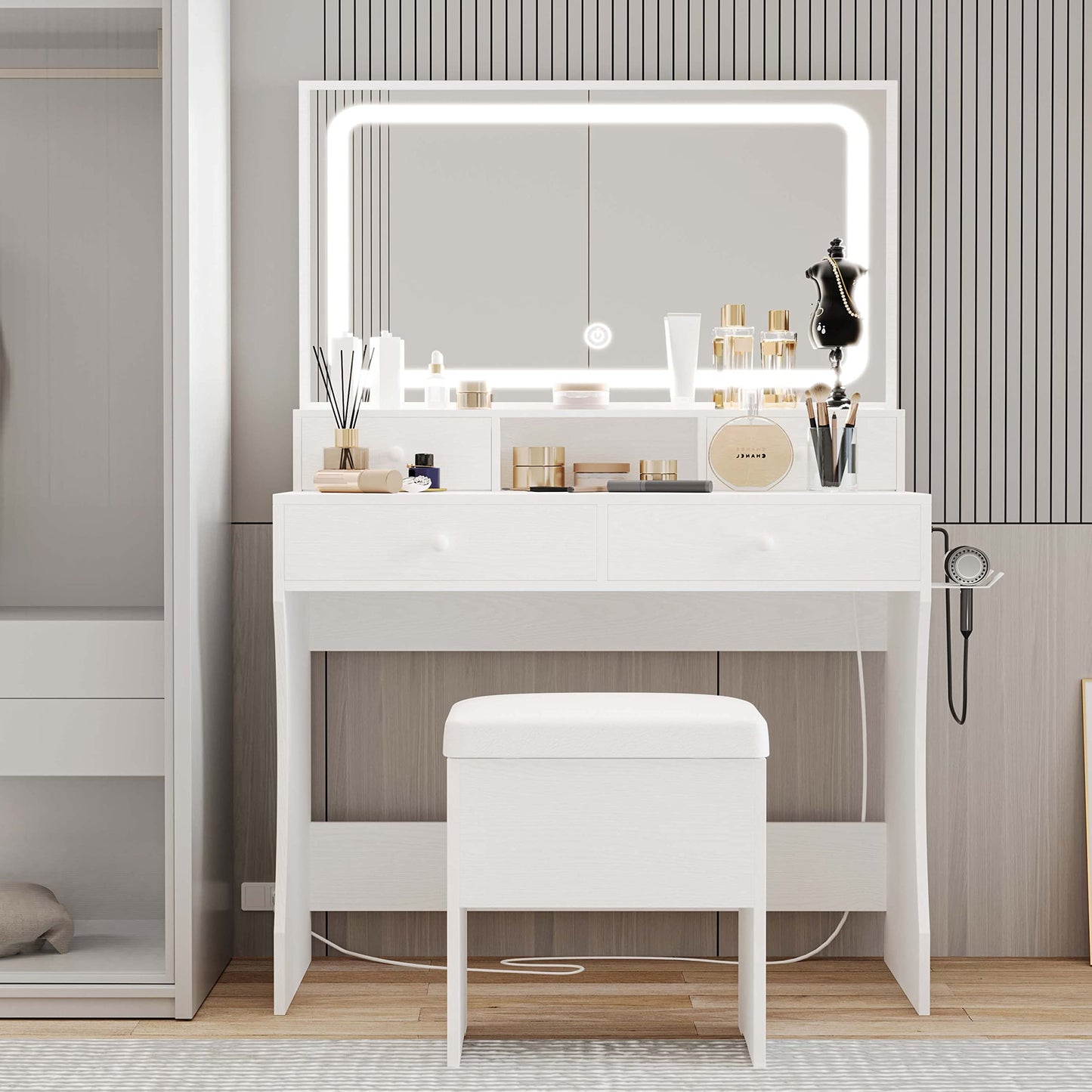 LIKIMIO Vanity Desk with LED Lighted Mirror & Power Outlet & 4 Drawers, Makeup Table Set with Storage Stool and Hair Dryer Stand, White - WoodArtSupply