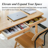 Cttasty Computer Desk with Drawers, Solid Wood Writing Desk, Mid Century Modern Home Office Desks, Oak Study Table, Small Desk for Bedroom, 29.1 H x 39.4 W x 21.7 D Inches, Natural Cttasty