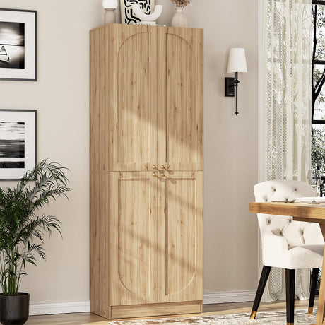 Cyclysio 80" Storage Cabinet, Tall Arched Bookcase with 4 Doors, 6-Tier Wooden Pantry with Adjustable Shelves, Seamless Fit Wall for Home Office, Living Room, Kitchen (Natural) Cyclysio