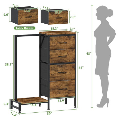 HIGDBFE Dresser with Hanging Rack, 4 Drawers Small Closet for Bedroom, Reversible Fabric Kids Chest of Drawers with Clothes Rack, Tall Storage Tower, Sturdy Frame, Rustic Brown, 44''H HIGDBFE