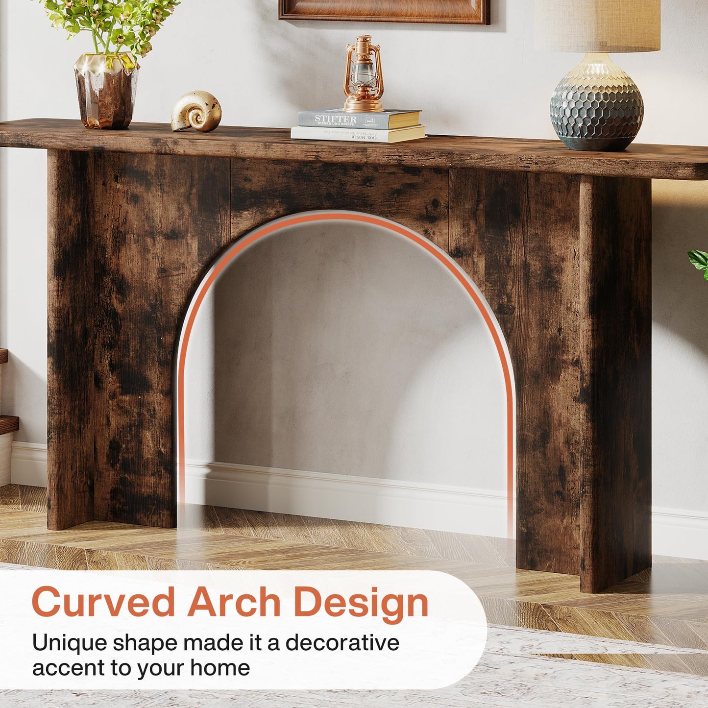 Tribesigns 63-Inch Console Table, Farmhouse Wood Sofa Wall Table Entryway Table with Curved Arch Brace, Thickened Accent Table for Entrance, Hallway, Living Room, Rustic Brown - WoodArtSupply