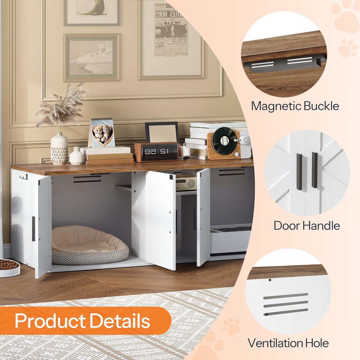 HOOBRO Double Litter Box Enclosure, Hidden Litter Box Enclosure with Corridor, Cat Litter Box Furniture with Storage Layer, Wooden Litter Box Cabinet with Hooks, White and Walnut WH15MW01 HOOBRO