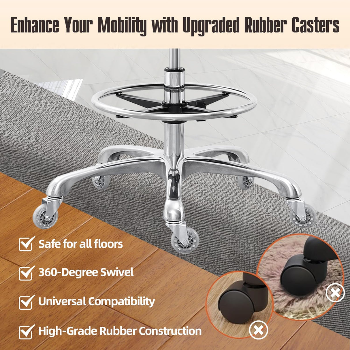 Grace&Grace Drafting Chair Adjustable Tall Shop Stool, Rolling Stool with Back Support for Studio, Classroom, Lab, Counter, Medical (Black) Grace&Grace