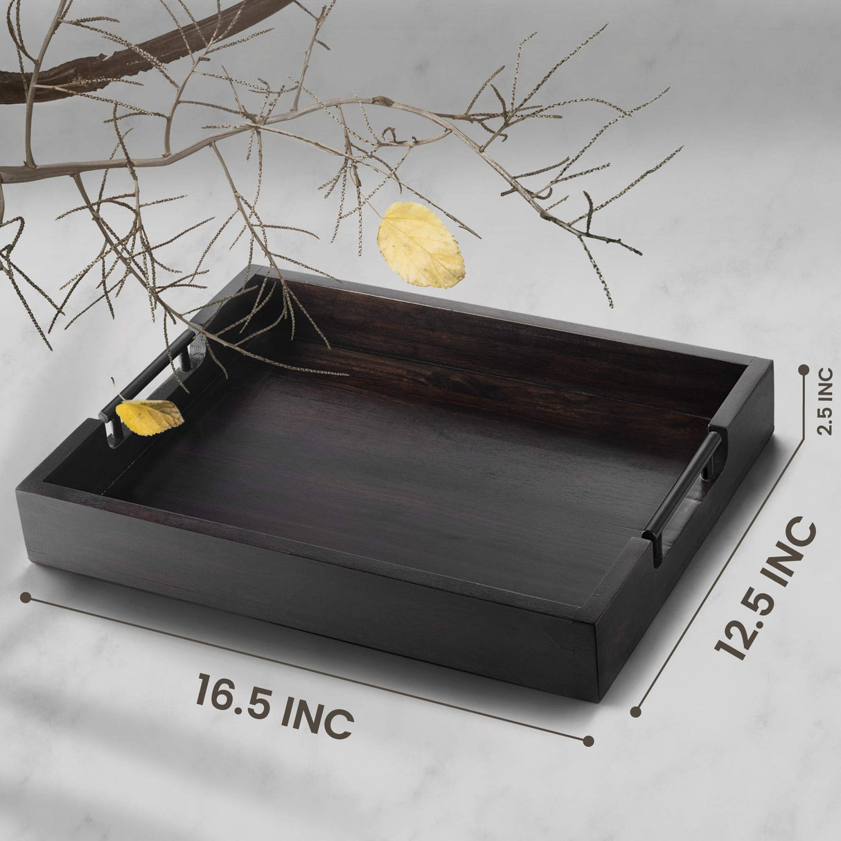 Ottoman Tray, Acacia Wood Serving Tray with Metal Handles, 16.5x12.5in Food Drinks Tray for Coffee Table, Breakfast, Dinner & Bar, Rustic Decorative Storage Tray for Ottoman, Kitchen, Packaging RAKYTO