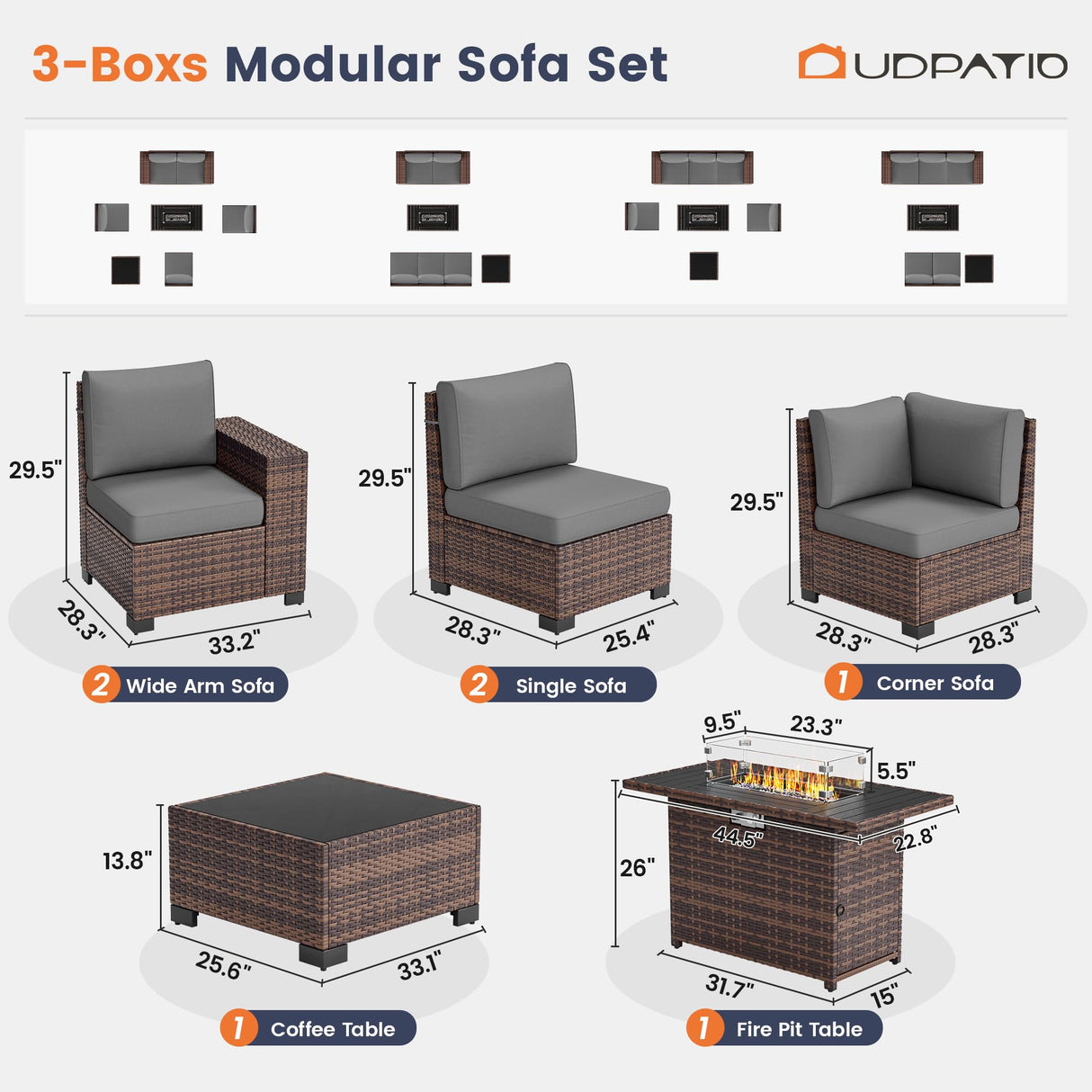 UDPATIO Patio Furniture Set with Fire Pit Table, 8 Inch Armrest Outdoor Sectional Sofa, 7 Piece Wicker Outdoor Furniture Conversation Sets with Waterproof Cover for Backyard Deck(Brown/Dark Grey) UDPATIO