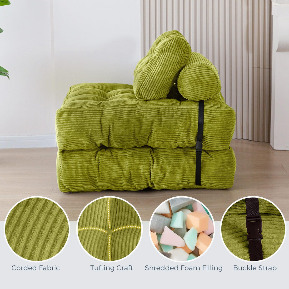 MAXYOYO Folding Sofa Bed, Convertible Sleeper Chair with Pillow Foldable Mattress with Back Support, Portable Fold Out Chair Bed Comfy Floor Sofa Lounge for Living Room Bedroom, Green, Single MAXYOYO