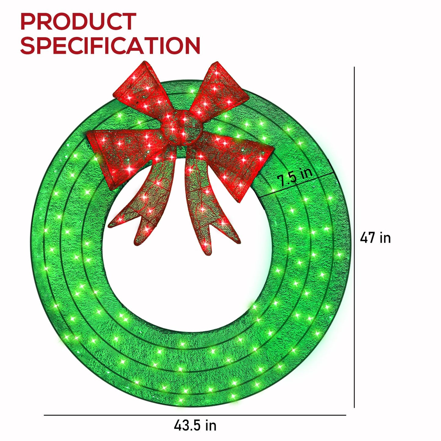 Hykolity 48 in. 3D Pre-lit Outdoor Christmas Wreath with 140 LED Lights & Bow, Outdoor Christmas Holiday Yard Decoration for Garden, Porch - Green/Red