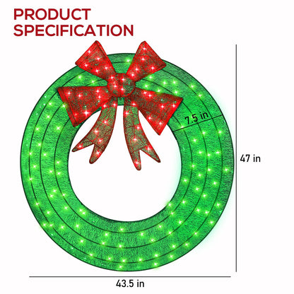 Hykolity 48 in. 3D Pre-lit Outdoor Christmas Wreath with 140 LED Lights & Bow, Outdoor Christmas Holiday Yard Decoration for Garden, Porch - Green/Red