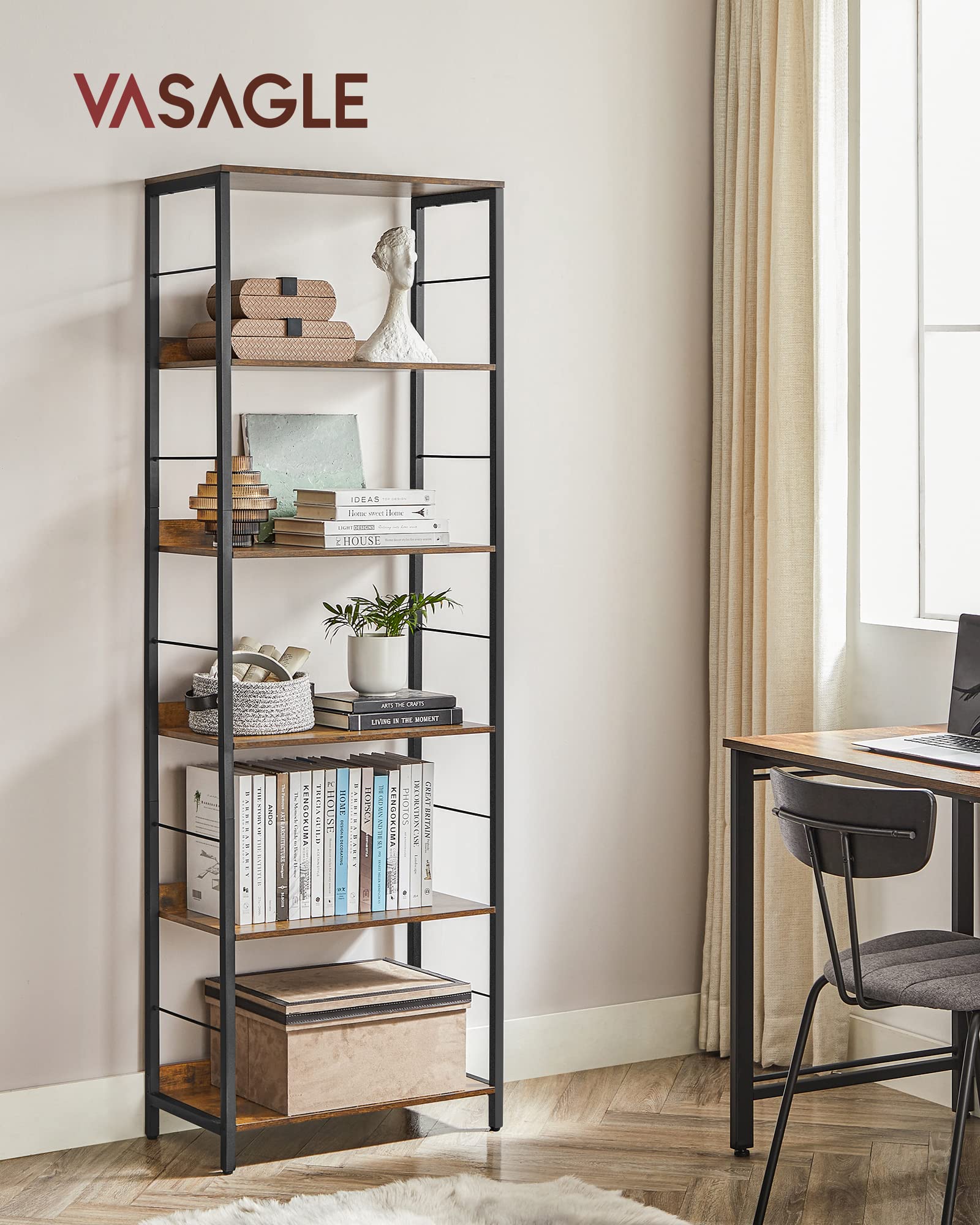 VASAGLE Industrial 6-Tier Bookshelf with Protective Back Panels - Rustic Brown & Black Decor Storage Unit - WoodArtSupply