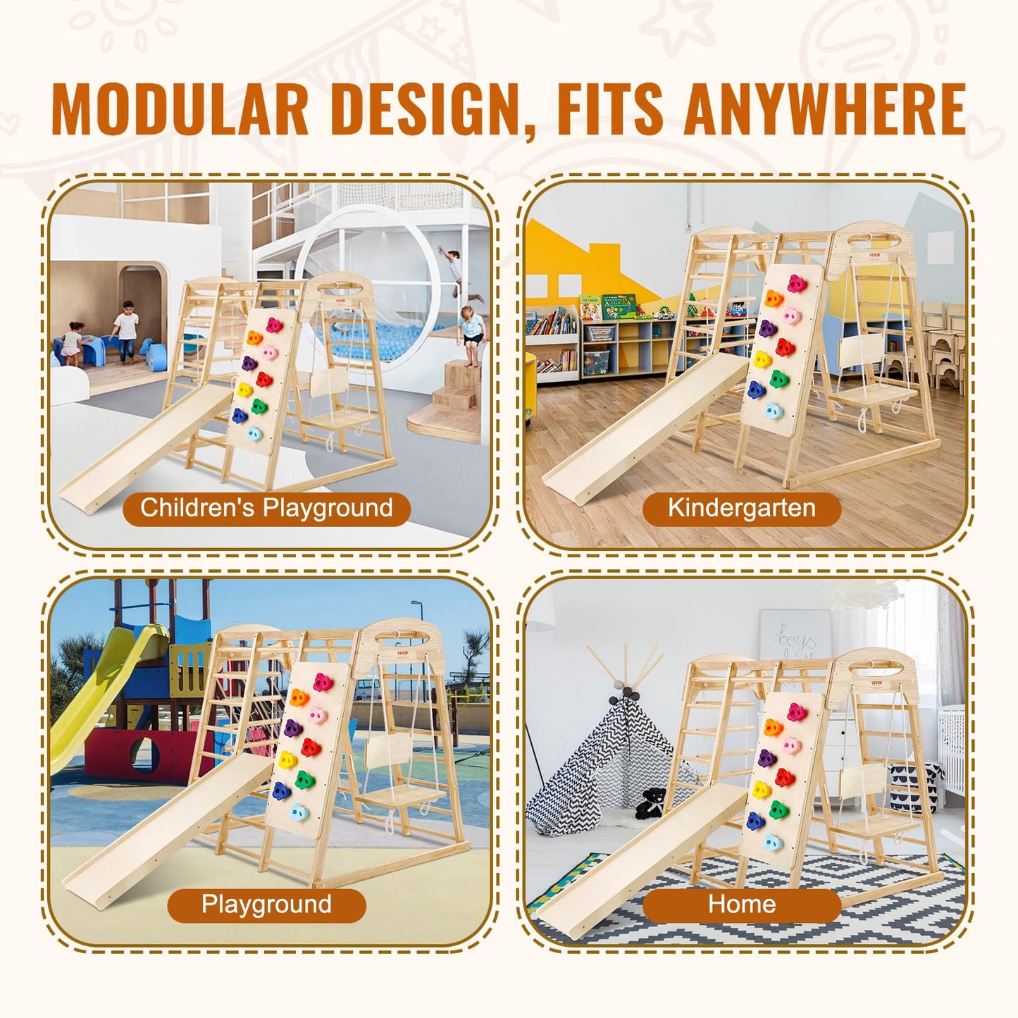 VEVOR Large Size Indoor Jungle Gym, 7-in-1 Toddler Indoor Playground, Wooden Toddler Climbing Toys with Wood & Rope Ladder, Net Ladder, Swing, Monkey Bar, Slide, Climbing Wall, 47.2 x 58 x 56in