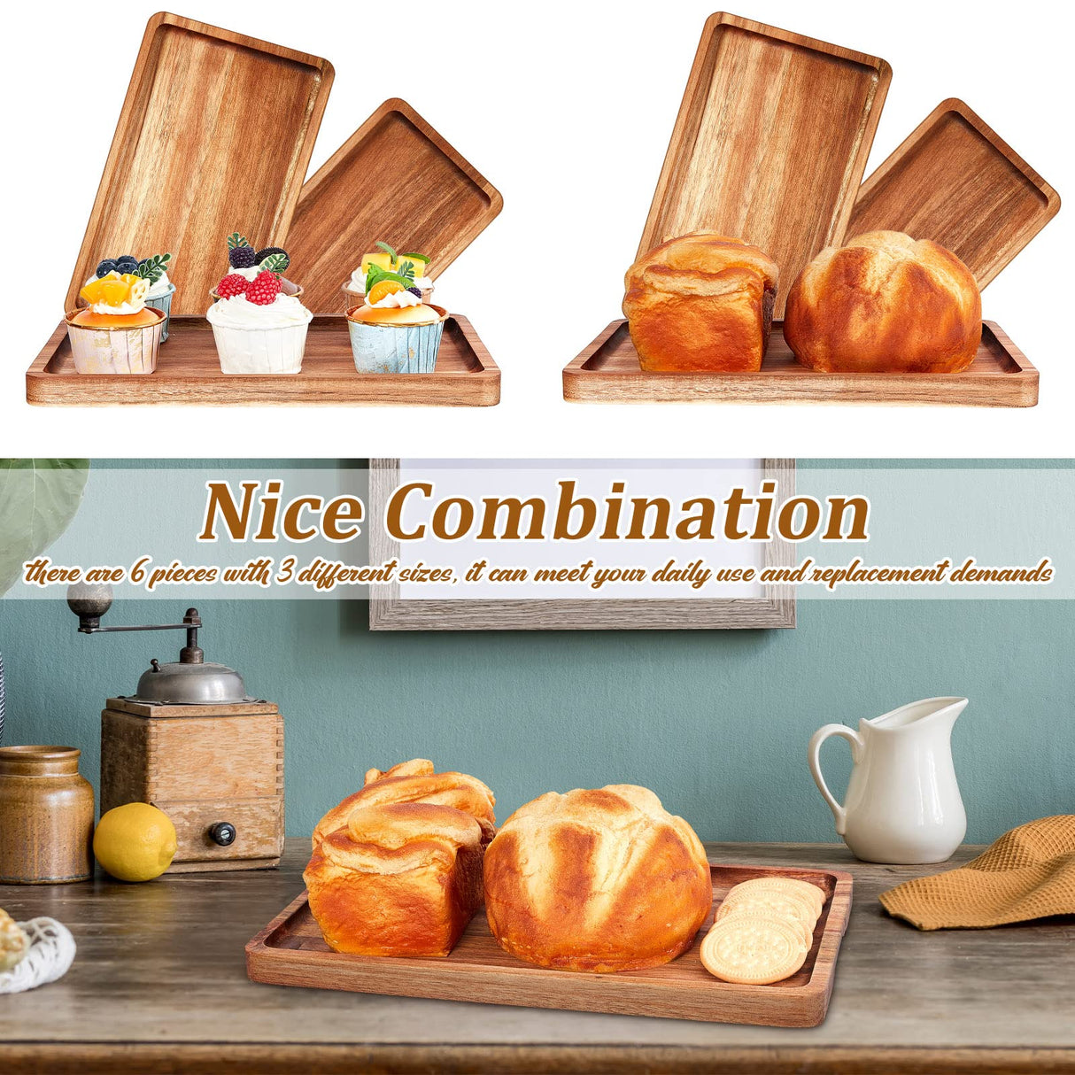 6 Pcs Wooden Tray Wood Serving Tray Set Wood Board for Food Rectangular Wooden Serving Platters Wooden Plates Serving Board for Cheese Appetizer Charcuterie Food Vegetables Dessert Home Party, 3 Sizes Qunclay