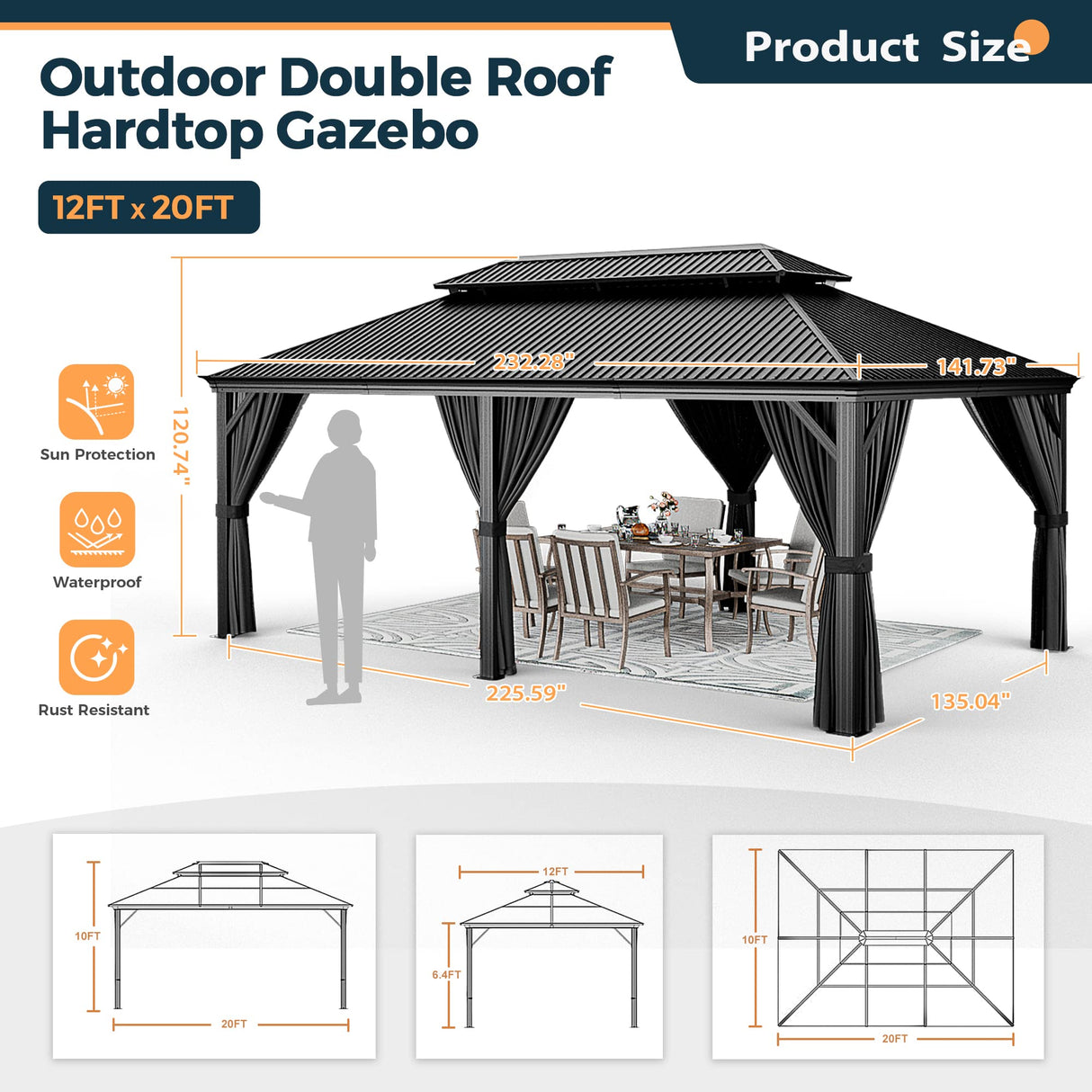 HAPPATIO 12' x 20' Hardtop Gazebo - Galvanized Steel Patio Double Roof Aluminum Gazebo with Curtains and Netting, Metal Permanent Pavilion Outdoor Gazebos for Patios, Gardens, and Lawns (Gray) HAPPATIO