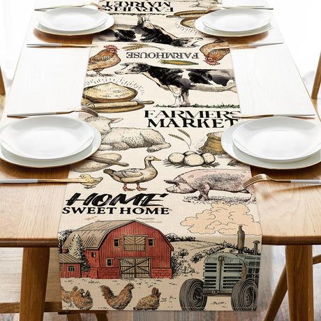 Croar Farm Animals Dining Table Runner, Farmhouse Country Cow Lamb Pig Chicken Duck Barn Tractor Burlap Kitchen Decoration, Farmer Market Indoor Outdoor Sweet Home Decor Party Supply 13 x 72 Inches Croar
