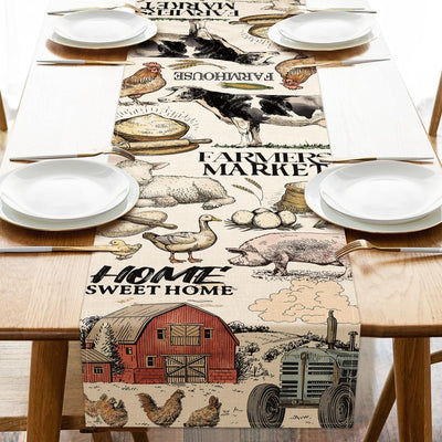 Croar Farm Animals Dining Table Runner, Farmhouse Country Cow Lamb Pig Chicken Duck Barn Tractor Burlap Kitchen Decoration, Farmer Market Indoor Outdoor Sweet Home Decor Party Supply 13 x 72 Inches