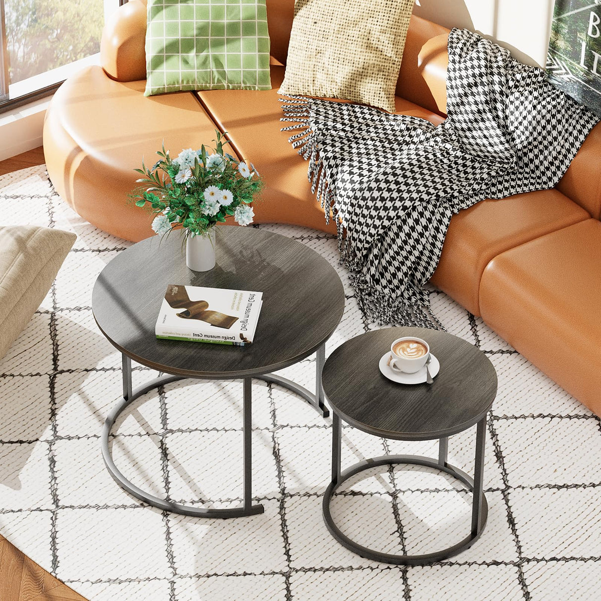 VILAWLENCE Nesting Coffee Table Set of 2, Modern Round Side Table End Tables for Living Room Bedroom Balcony,Grey Wooden Stacking Accent Coffee Tables with Metal Frame VILAWLENCE