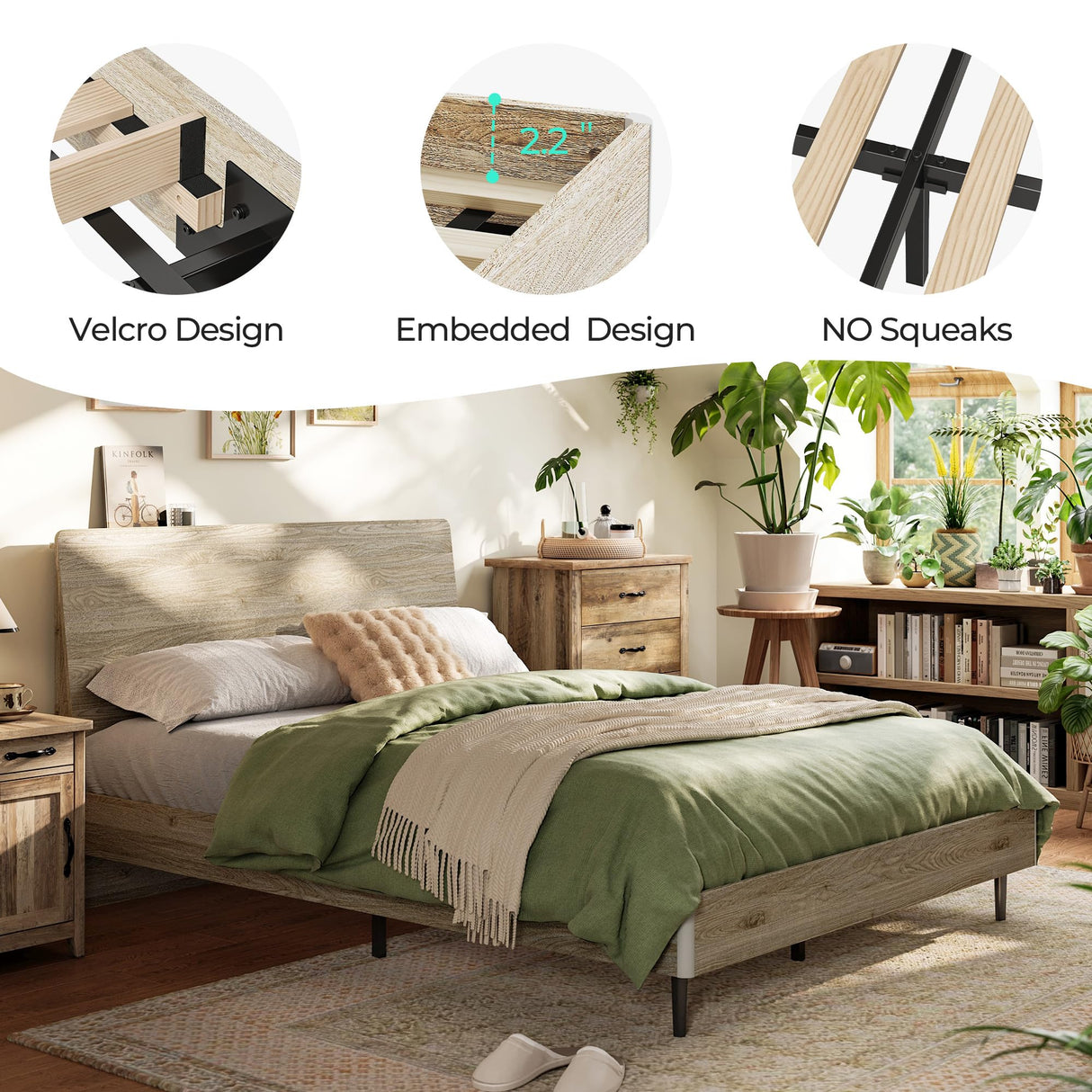 LINSY Full Size Bed Frame Wood with RGB Lights, Outlets, Charger, Farmhouse Wood Bed Frame Full with Ergonomic Headboard, Storage Shelf, Noise-Free, No Box Spring Needed - Beige LINSY