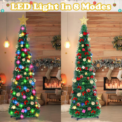 RACPNEL 5Ft Pop Up Tinsel Christmas Tree with LED Lights and Decorations, Collapsible Pencil Christmas Tree Artificial, Holiday Indoor Christmas Decorations for Home, Office, Apartment Xmas Decor