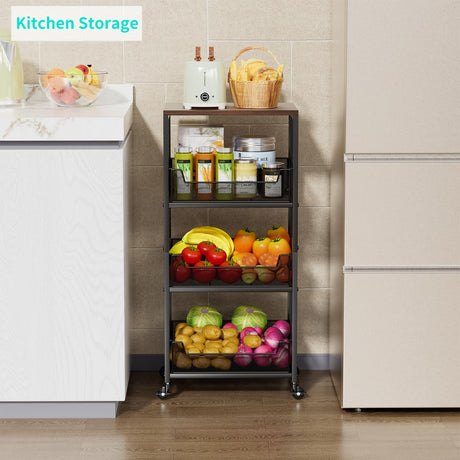 HapiRm Fruit Basket Kitchen Cart - 4-Tier Rolling Storage Cart with Wheels, Fruit Vegetable Basket with Wood Top, Pantry Utility Kitchen Organizer for Fruit Potato Onion Vegetable Bread Snack HapiRm