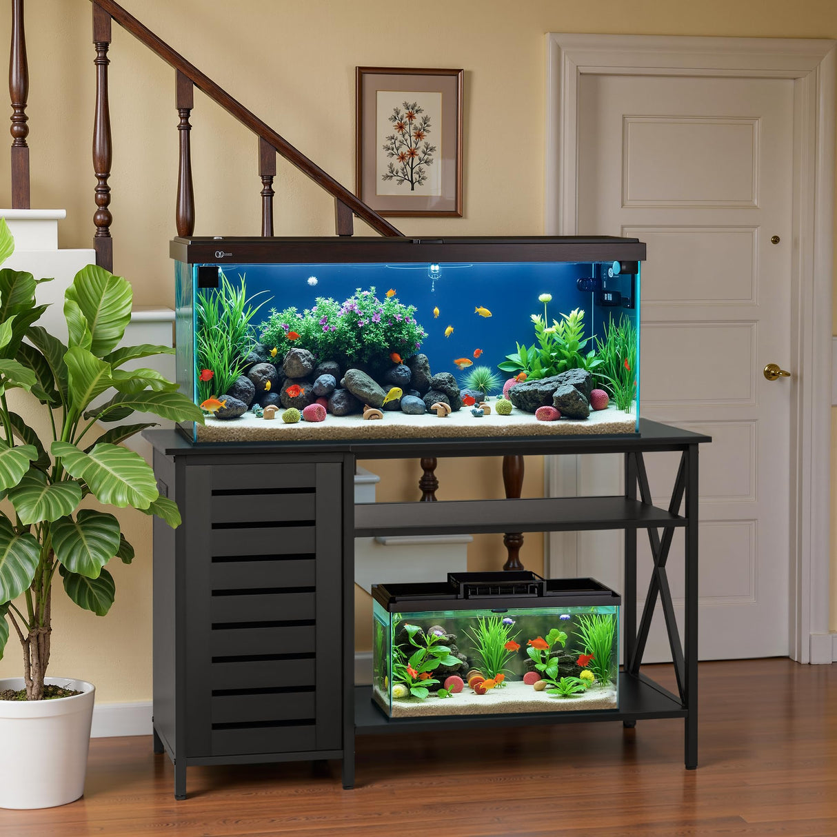 GUNJI 55-75 Gallon Aquarium Stand, Fish Tank Stand with Cabinets and Shelves, Aquarium Tank with Power Outlets, Heavy Duty Metal Turtle Tank 52 inch x 19.68 inch Desktop for 1200LBS Capacity (Black) GUNJI