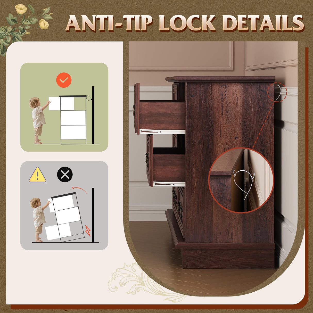 WLIVE Wood Dresser for Bedroom with 6 Drawer, 51.97'' Wide, Farmhouse Long Storage Dresser Organizer with Roman Metal Handle, TV Stand for 60 inch TV, Chest of Drawers for Living Room, Hallway, Brown WLIVE