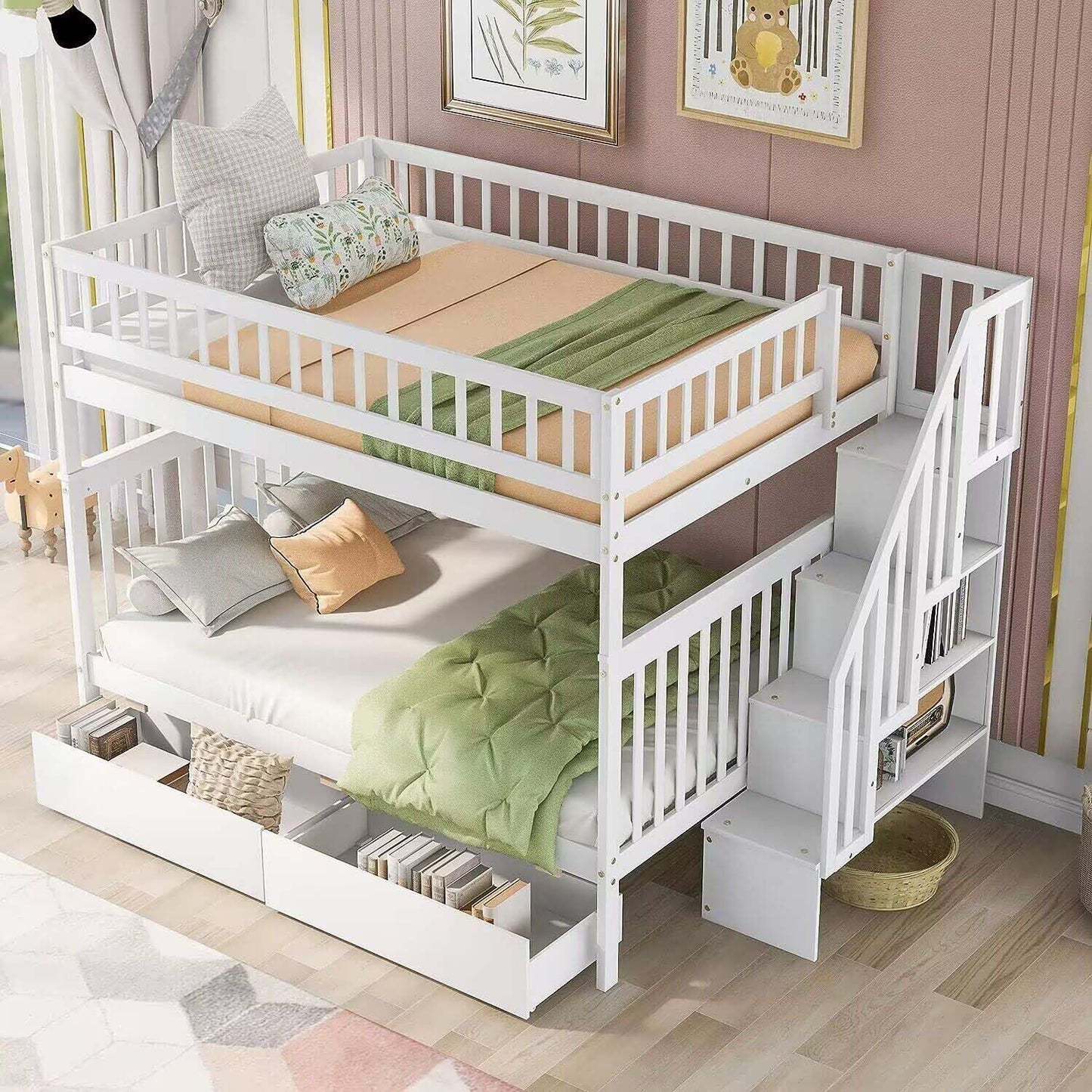 Harper & Bright Designs Modern White Full Over Full Bunk Bed with Stairs and Storage Drawers