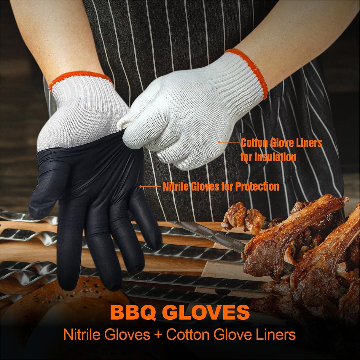ANBOSON BBQ Gloves for Cooking Baking Grilling, 100 Count Disposable Nitrile Gloves and 4 Count Cotton Glove Liners Washable (6mil Nitrile, Large) ANBOSON