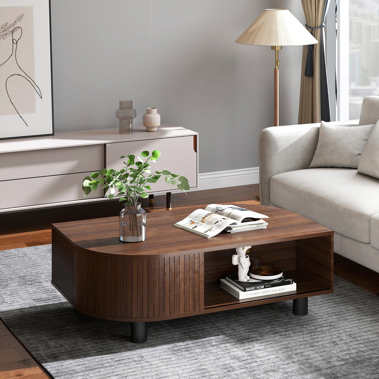 sunmiler Mid-Century Modern 39.4" Coffee Table - Leaf-Shaped Wood Center Table with Storage, Retro Fluted Central Table with Sliding Door & Large Hidden Compartment, for Living Room, Office, Walnut sunmiler