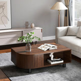 sunmiler Mid-Century Modern 39.4" Coffee Table - Leaf-Shaped Wood Center Table with Storage, Retro Fluted Central Table with Sliding Door & Large Hidden Compartment, for Living Room, Office, Walnut sunmiler