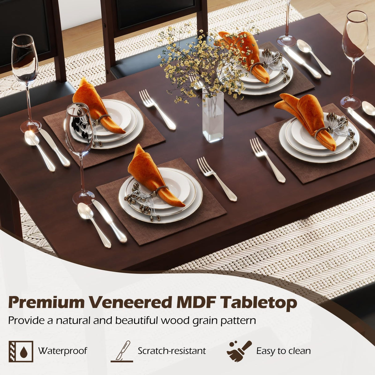 Tangkula Dining Table Set for 4, Solid Wood, Farmhouse Dinette Set w/Rubber Wood Legs, Upholstered Seat & Padded Backrest, Modern Dining Table and Chairs Set for Kitchen, Dining Room (Reddish Brown) Tangkula