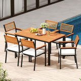 Tangkula 7-Piece Patio Dining Set, Outdoor Acacia Wood Cushioned Chairs and 51”-64” Expandable Rectangular Table Set, with Umbrella Hole, 6 Stackable Armchairs, for Poolside Garden (Off White) Tangkula