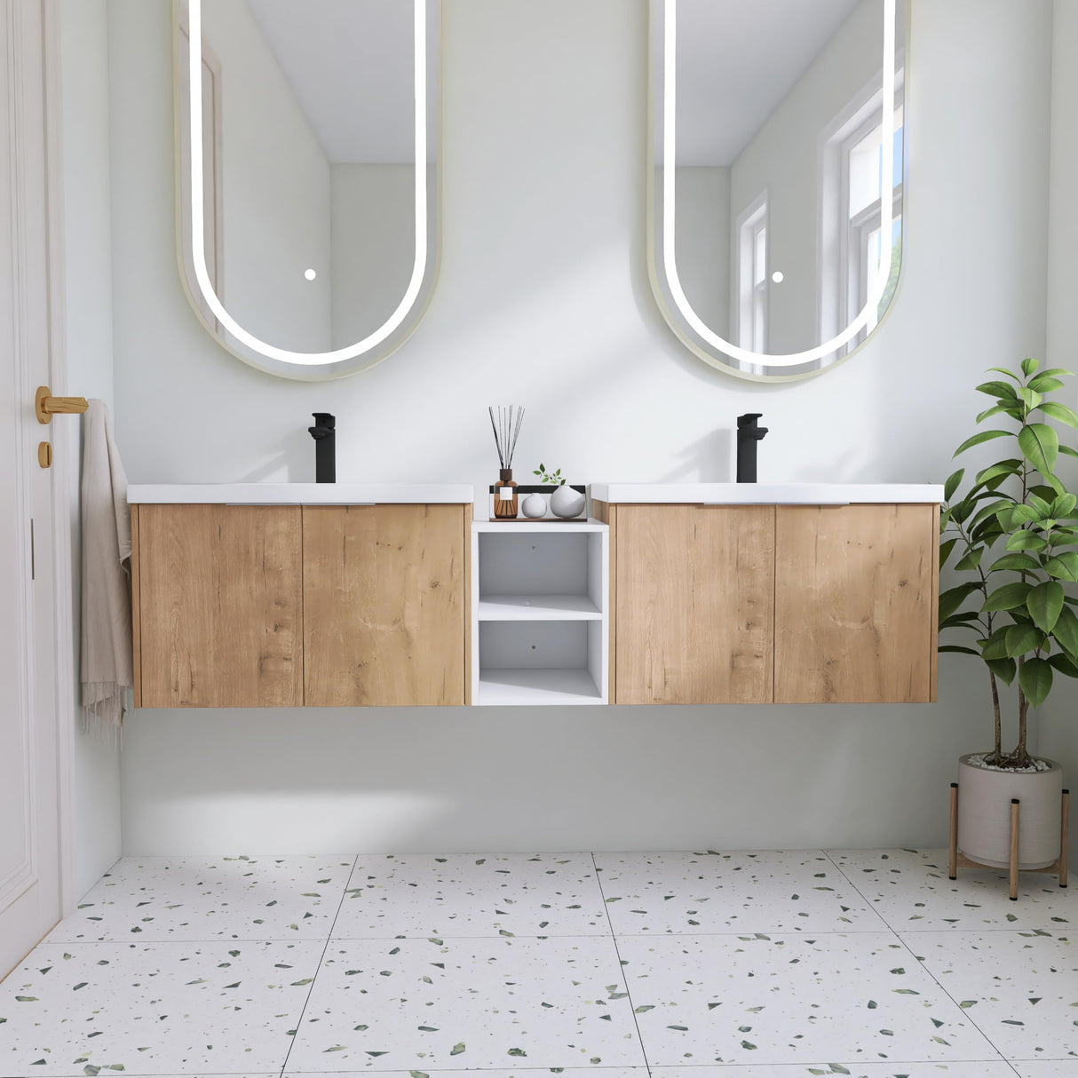 JENTORIA 72" Bathroom Vanity with Sink, 72 Inch Floating Vanity, Double Sink Wall Mounted Vanity Combo, Modern Brown Bathroom Vanity Set with 4 Doors and White Basin Sink JENTORIA