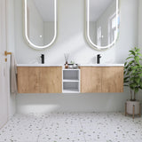 JENTORIA 72" Bathroom Vanity with Sink, 72 Inch Floating Vanity, Double Sink Wall Mounted Vanity Combo, Modern Brown Bathroom Vanity Set with 4 Doors and White Basin Sink JENTORIA