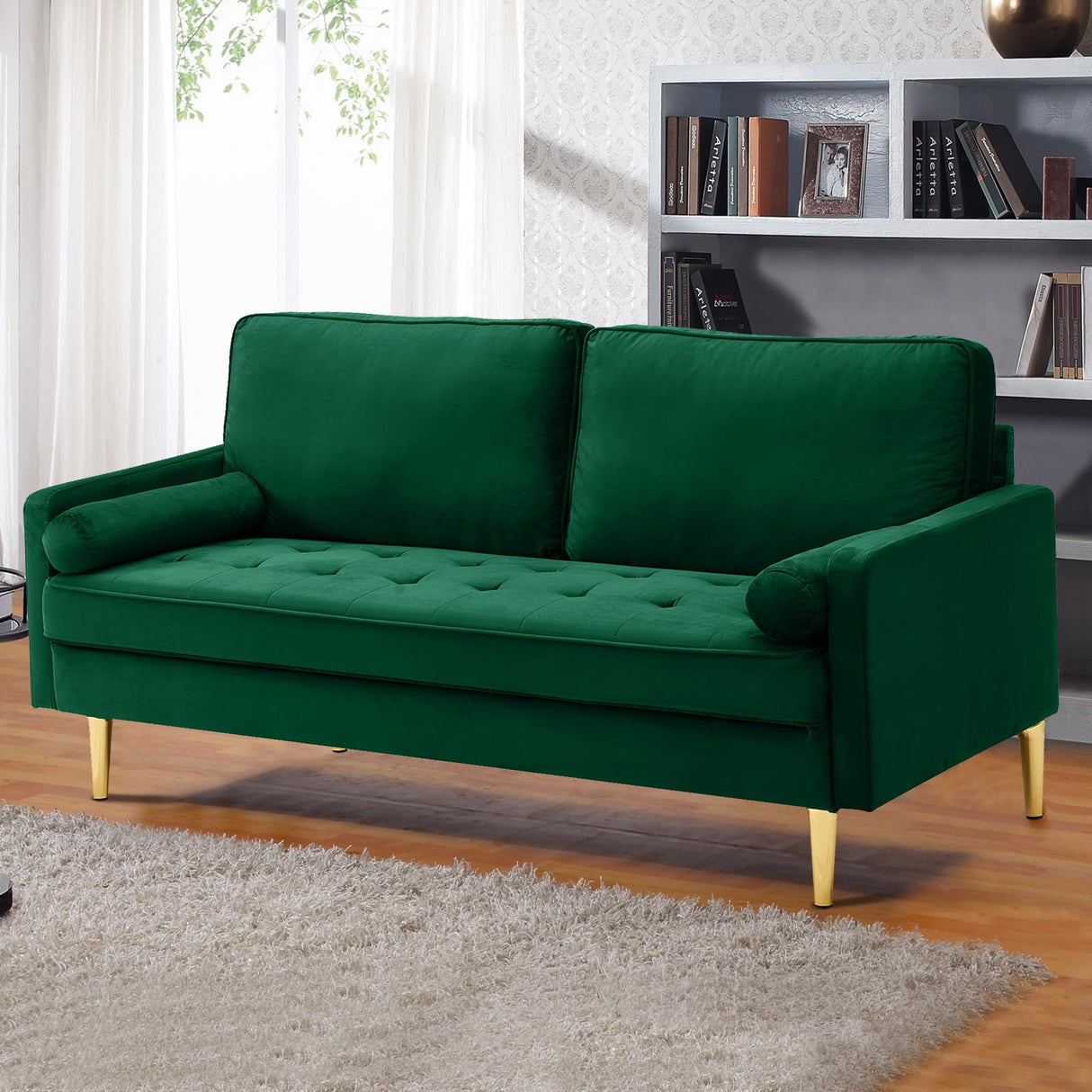 RXRRXY 67" Modern Velvet Loveseat Sofa Couch, Mid-Century Tufted Upholstered Small Love Seat Couch with 2 Pillows & 4 Golden Legs, 2-Seats Couches for Compact Space, Living Room, Apartment (Emerald) RXRRXY