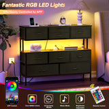 REAHOME Dresser TV Stand with Charging Station and LED Lights, 55” TV Stand with 9 Drawers, Fabric Dresser for Bedroom, Steel Frame, Large Storage Chest of Drawers for Closet, Living Room, Black Gray REAHOME