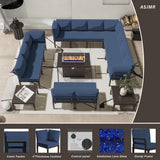 ASJMR Patio Furniture Set,15 Pieces Modern Outdoor Conversation Set w/43in Gas Fire Pit Table, Outdoor Metal Sectional Sofa with 55000 BTU Propane Fire Pit ASJMR