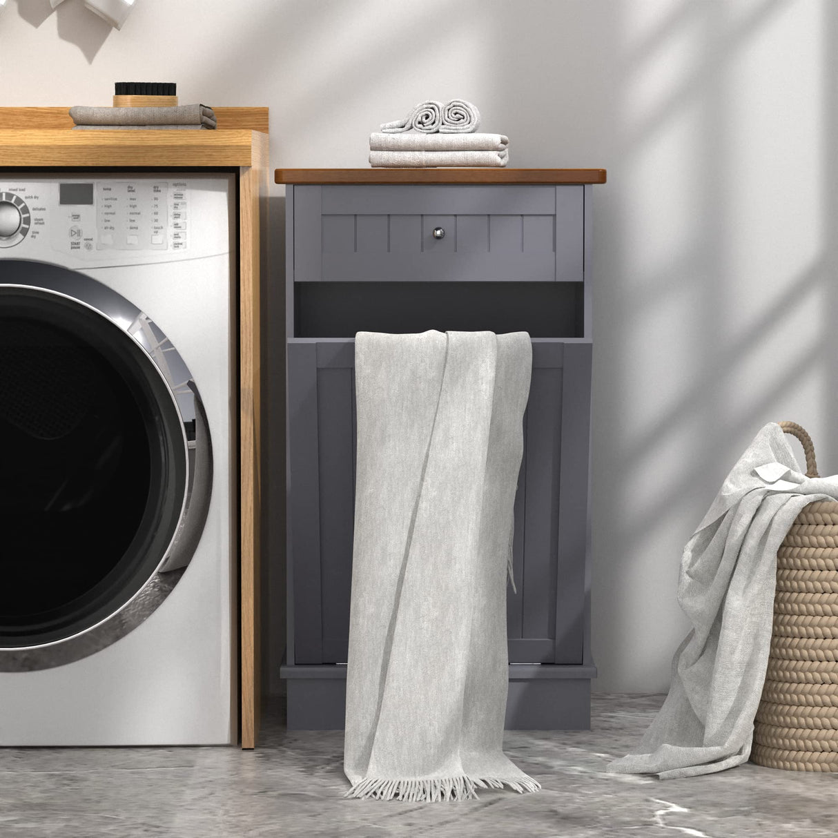 Betterhood Tilt Out Trash Cabinet 10 Gallon Wooden Free Standing Laundry Sorter Cabinet,Recycling Cabinet with Hideaway Drawer,Tilt Out Trash Cabinet Can Bin Kitchen Betterhood